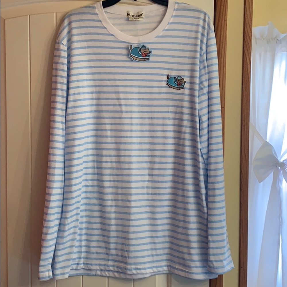 Pusheen Cat Blue Striped Long Sleeve Shirt